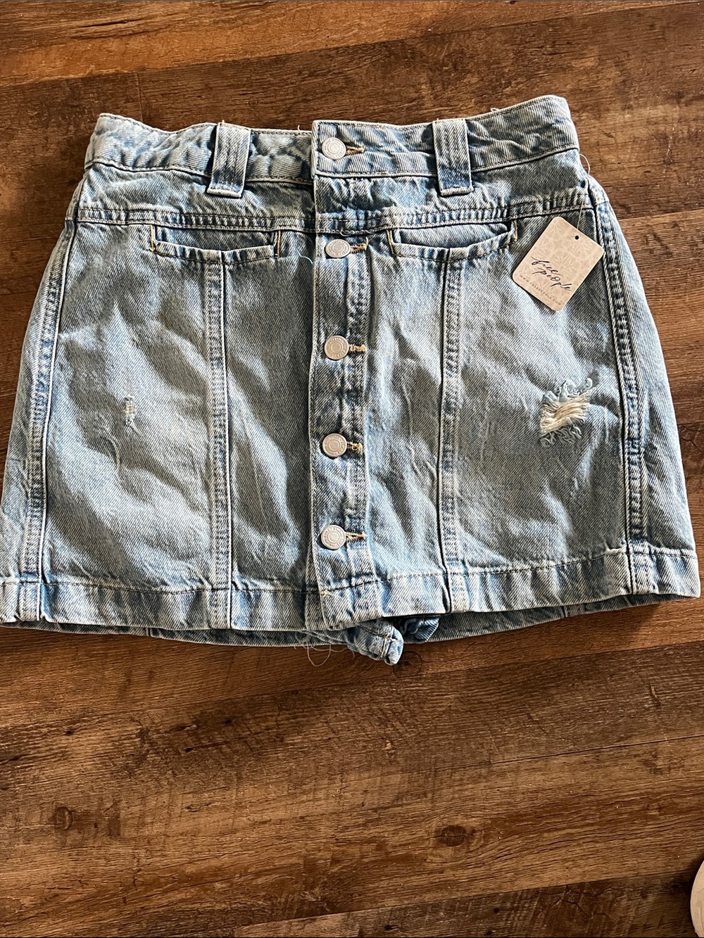 Free People Light Blue Button-Front Denim Mini Skirt